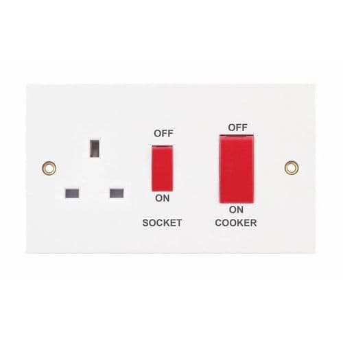 Selectric White 45 Amp Cooker Unit with 13 Amp Switched Socket – Red Rockers