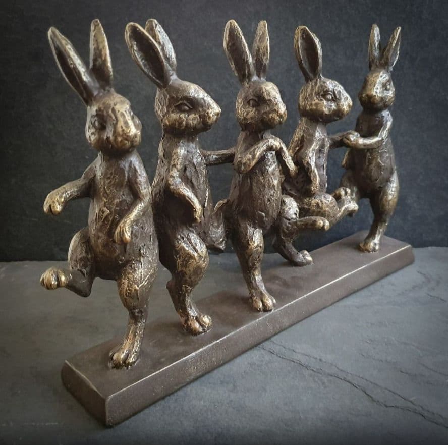 Five Dancing Hares Sculpture Bronze Effect Resin Animal Rabbit Figure