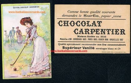 - 1899 -1900 golf card from France, Carpentier chocolates trade card lady golfer with golfers