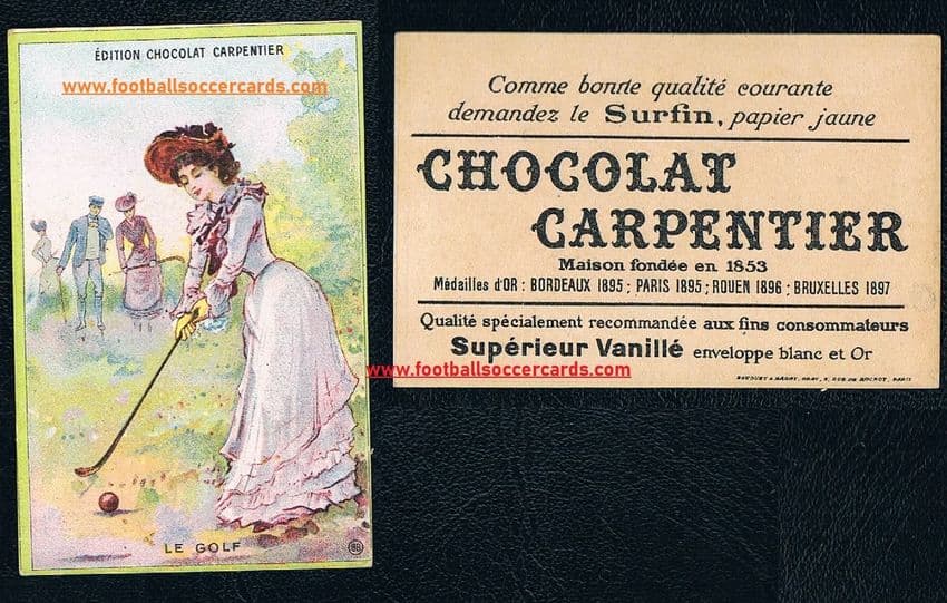 - 1899 -1900 golf card from France, Carpentier chocolates trade card lady golfer with golfers