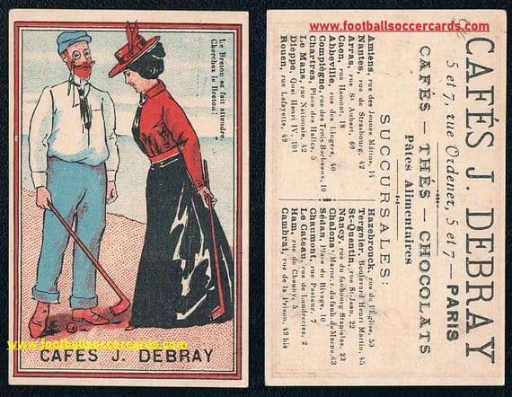- 1900 -1910 golf trade card from France, Cafe Debray lady golfer with male golfing scene, X-RARE!