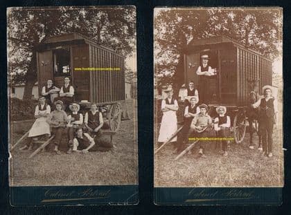 * 1910 cabinet photos x2 caravan trailer wagon horse minstrels lute men Anzac apron demijohn vintage