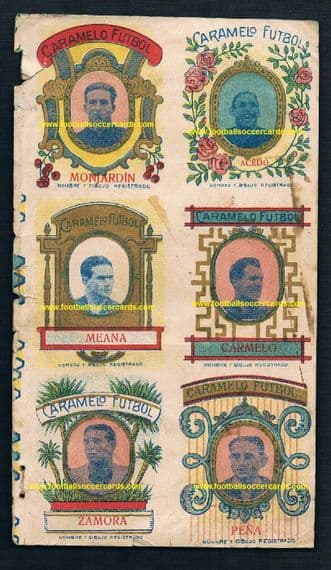 * 1920 STAR ITEM Caramelo Futbol Pena + ZAMORA + Meana UNCUT SHEET 6 ROOKIE CARDS Monjardin Acedo