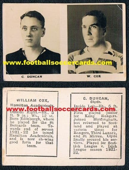 - 1922 Scottish-only issue UNCUT PAIR Rover Comic Footballers Duncan CLYDE Cox HAMILTON ACADEMICALS