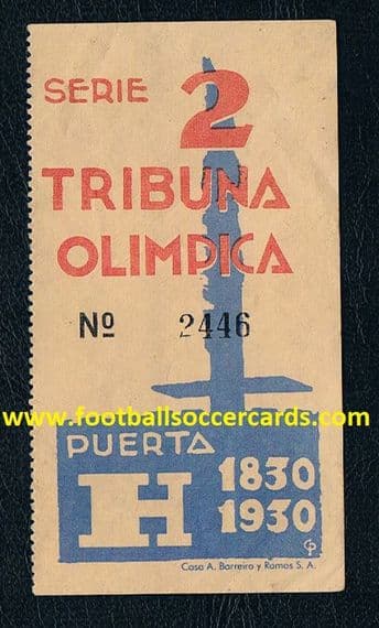 -- 1930 1st World Cup original match ticket counterfoil from the Olimpica stand turnstiles Uruguay