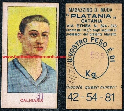 - 1930 Umberto Caligaris on a 1931-used PLATANIA weighing machine card Juventus x5 SeriaA wins WC34