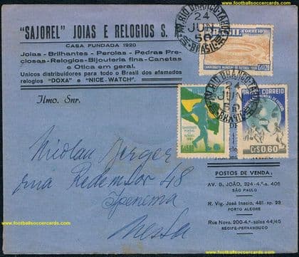 * 1950 World Cup 3 Brazil stamps WC50 cover 3 Brazil stamps 24 June 1950 1st-day-tournament cover