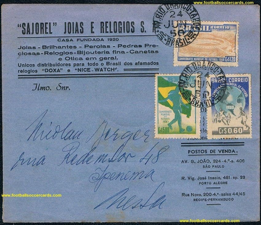 * 1950 World Cup 3 Brazil stamps WC50 cover 3 Brazil stamps 24 June 1950 1st-day-tournament cover