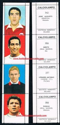 - 1964 -65 STAR ITEM Verbania uncut strip of 4 CalcioLampo pre-Sicker, PUSKAS and GENTO 2