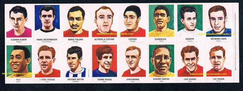 * 1970 Pele Eusebio Yashin Kopa Puskas DiStefano Beckenbauer Suarez etc UNCUT sheet by GB newspaper