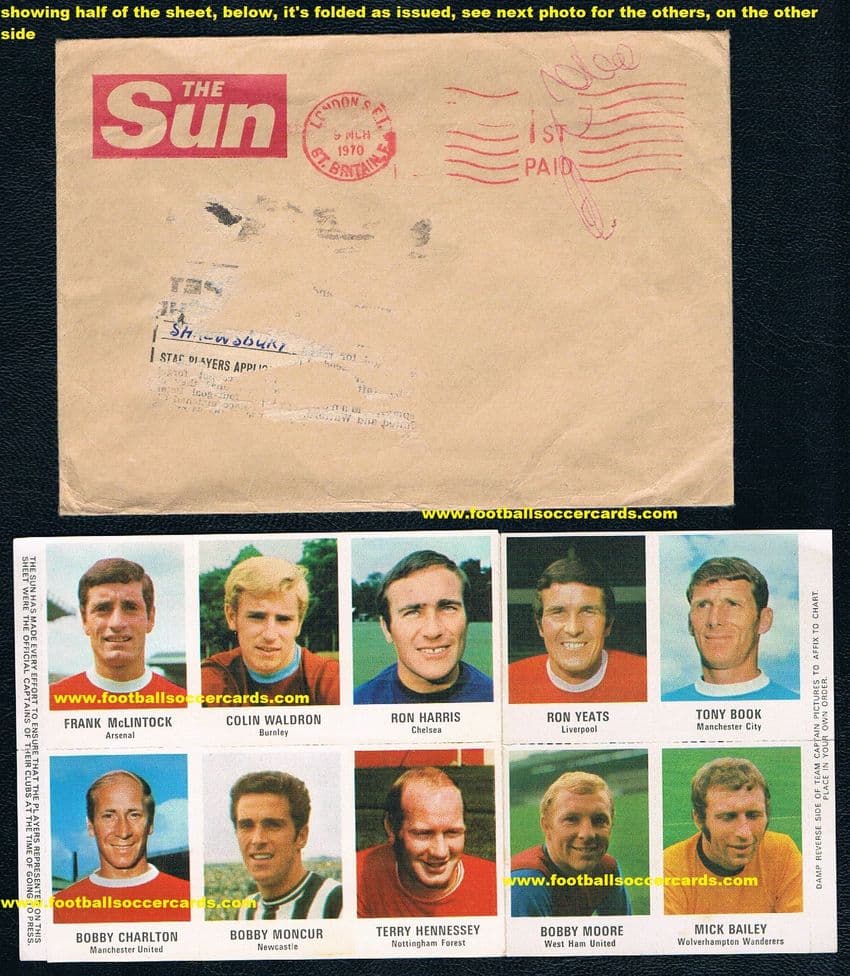 * 1970 Sun Soccer Calendar UNCUT sheet 22 wall chart stamps nr.MINT Bobby Charlton Moore & ENVELOPE!