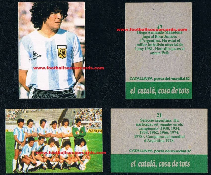 * 1982 Maradona 2 cards 47 & 21 Diego solo and team card Catalunya issue from Spain, issued for WC82
