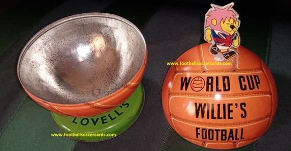0_ 1966 World Cup WIllie original football tin by Lovell's, ball shape metal box WC66 classic