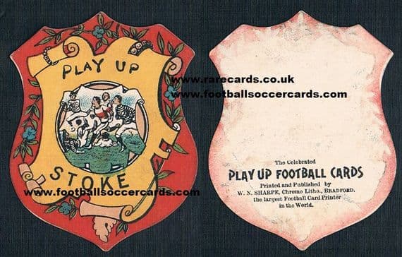 1880s Stoke City in hoops shield card "Play Up Football Cards" by W. N. Sharpe