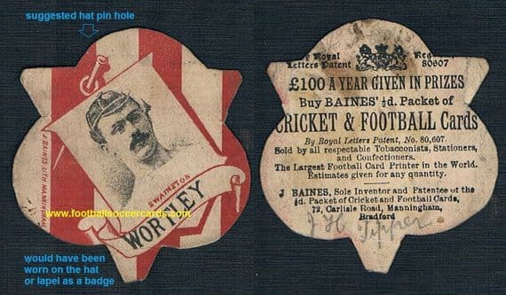 1880s Wortley Leeds rugby club hat pin badge card Swainston Baines card