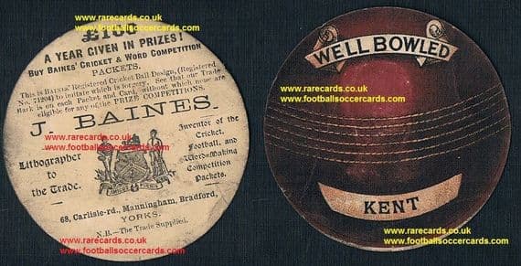 1884 1st ever Kent CCC card! Cricket ball Baines Carlisle Road Manningham card Play Up Kent
