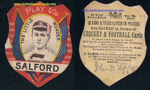 1886 Herbert Cooke Salford red rugby international England John Baines Bradford shield RED card