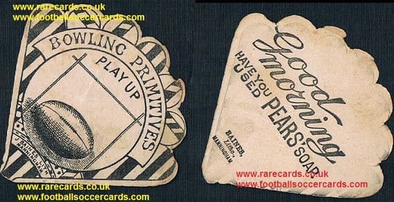 1887 Baines Manningham fan-shape card Bowling Primitives rugby team, Pears Soap advert