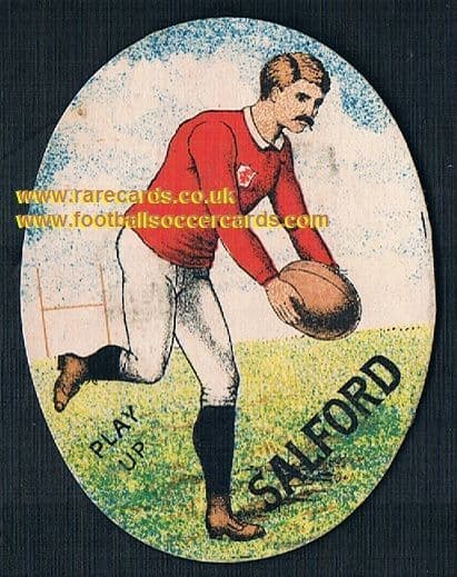 1888-8 W.N. Sharpe Play Up Salford rugby club oval trade card, after the earlier style of Richardson