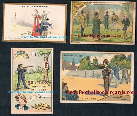 1890 -1910s shooting duelling pistols rifles gun sports four rare French trade cards