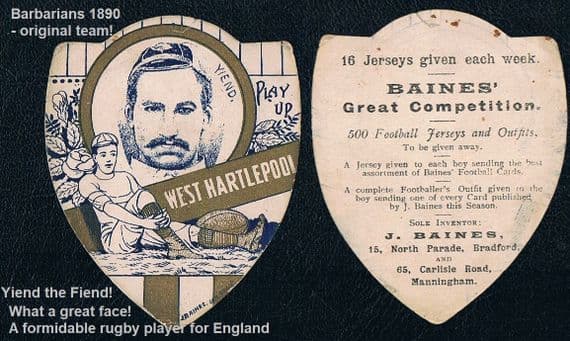 1890 Baines rugby William Pusher Yiend Barbarians England Hartlepool, cricket too Durham CCC