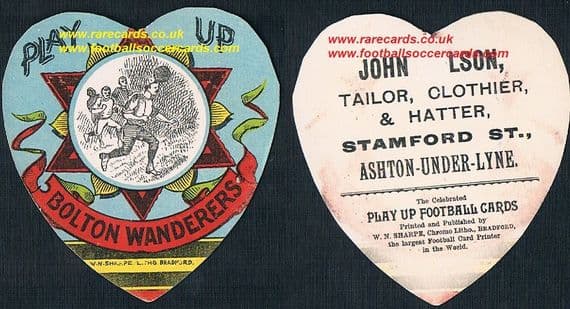 1890 Bolton Wanderers heart-shaped Sharpe's play up football card John Wilson back