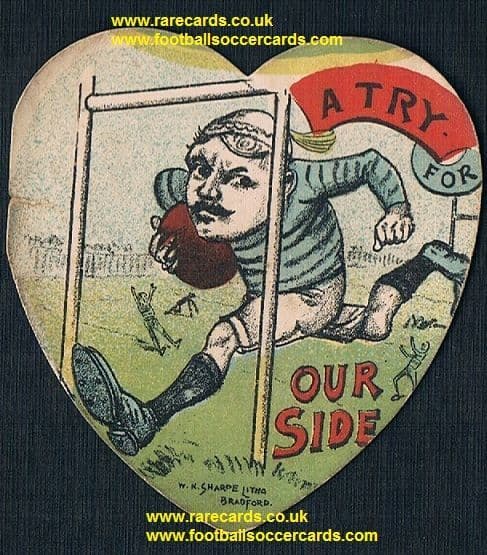 1890 W.N. Sharpe puzzle card 105 A Try For Our Side rugby heart-shape card