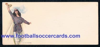 1900 -1910 early tennis card, woman player overhead racquet shot French issue plain back by Nanne