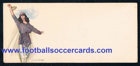 1900 -1910 early tennis card, woman player overhead racquet shot French issue plain back by Nanne