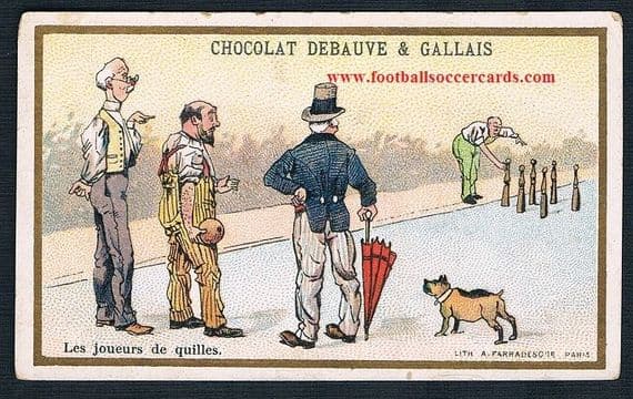 1900 Bowling scene on a French trade card by Debauve Chocolates