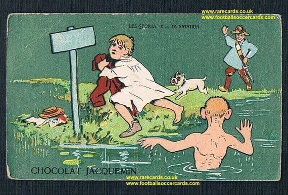1900 Chocolate Jacquemin natation swimming bathers pool boys dogs police antique French card