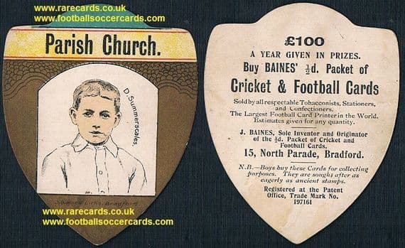 1900 D. Summerscales footballer Bradford Parish Church team Baines card