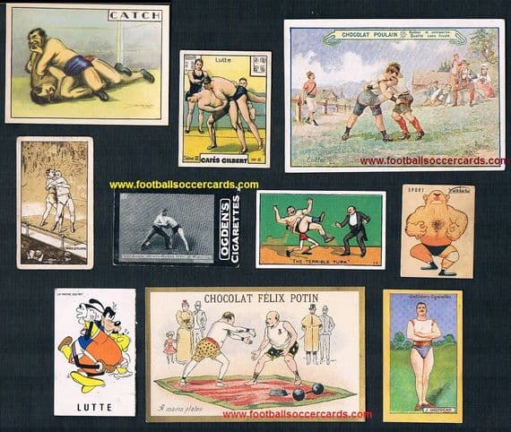 1900s Wrestling trade cards 10 diff Chocolates Poulain Phillips Ferrero Potin etc, seen IN MY BOOK!