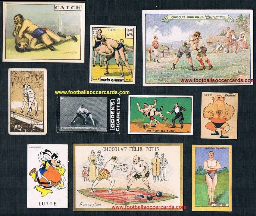1900s Wrestling trade cards 10 diff Chocolates Poulain Phillips Ferrero Potin etc, seen IN MY BOOK!