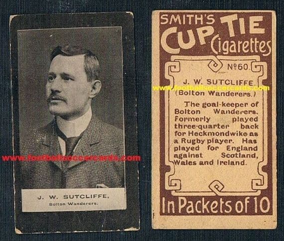 1901 John Willie Sutcliffe brown back Smith Cup Tie rugby & soccer legend, last man capped for both