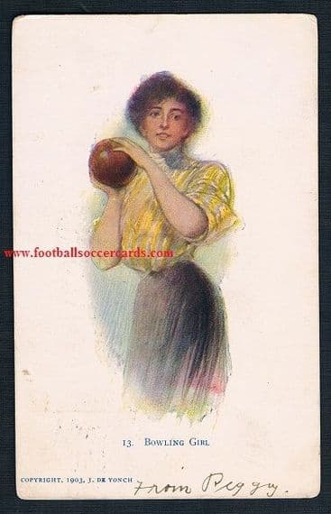 1903 Bowling Girl postcard USA used in 1907 bowls alley women at play