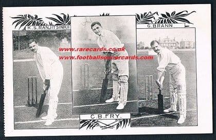 1903 Charles Burgess Fry, George Brann & Ranji cricket postcard Sussex Corinthians FC England soccer