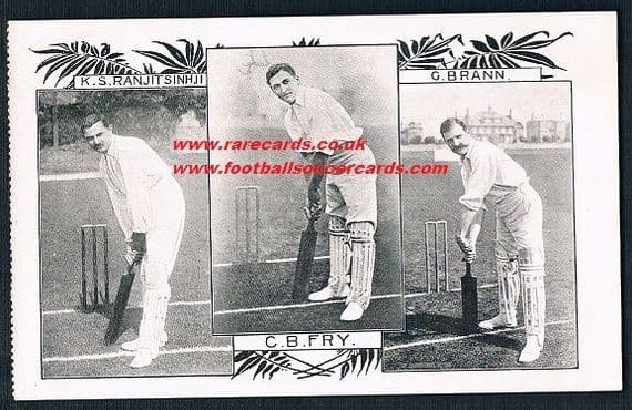 1903 Charles Burgess Fry, George Brann & Ranji cricket postcard Sussex Corinthians FC England soccer
