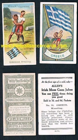 1904 and 1936 Wills and Allen's pair of wrestling cards Greece Greek flag