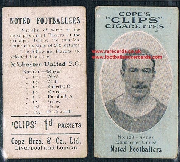 1909 Cope's Clips 2nd series Noted Footballers, 282 back, 128 Halse Man Utd