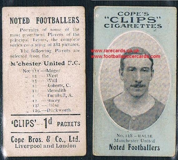 1909 Cope's Clips 2nd series Noted Footballers, 282 back, 128 Halse Man Utd