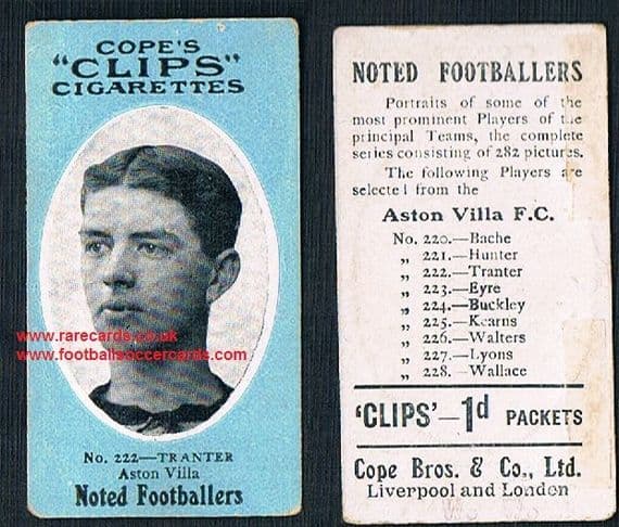 1909 Cope's Clips 2nd series Noted Footballers, 282 back, 222 Tranter Aston Villa