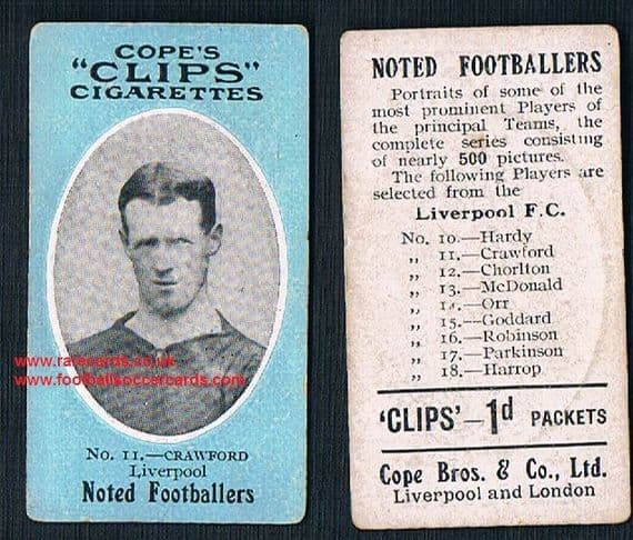 1909 Cope's Clips 3rd series Noted Footballers, 500 back, 11 Liverpool Crawford