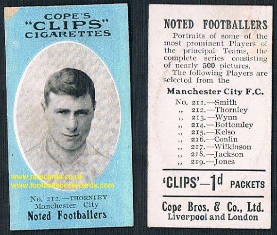 1909 Cope's Clips 3rd series Noted Footballers, 500 back, 212 man City Thornley