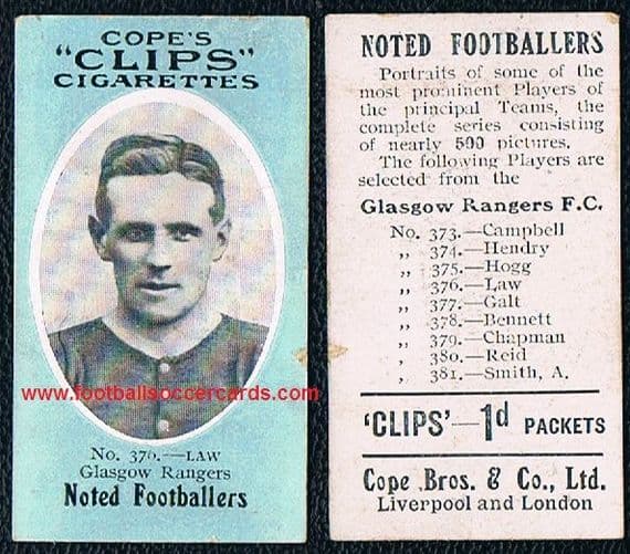 1909 Law 376 Glasgow Rangers Cope Brothers Clips cigarette card