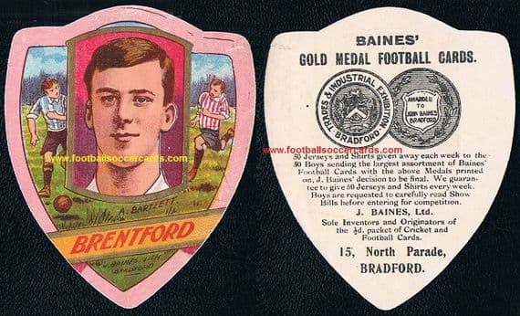 1910 Albert Bartlett Brentford FC and Bradford City, Reading BAINES card