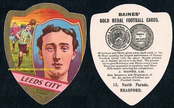 1910 Billy Halligan IRISH forward Leeds City WOLVES Derby HULL Baines IFA card