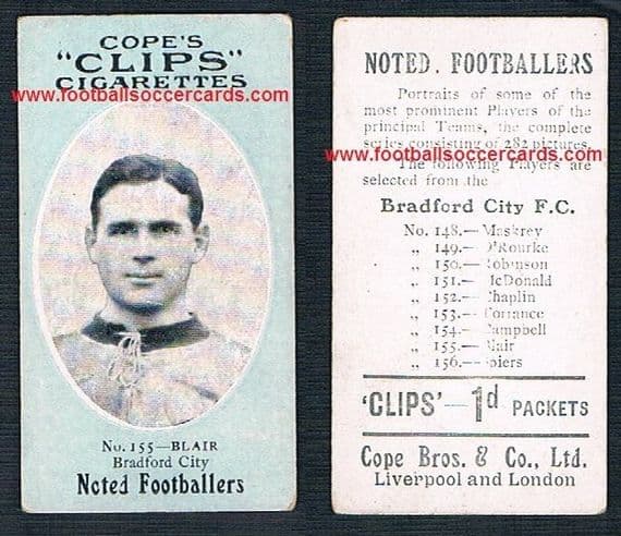 1910 Cope Brothers Noted Footballers 282 series 155 Blair Bradford City