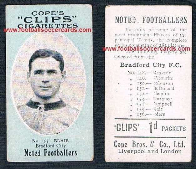 1910 Cope Brothers Noted Footballers 282 series 155 Blair Bradford City