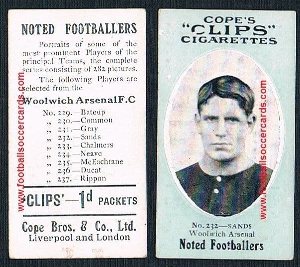 1910 Cope Brothers Noted Footballers 282 series 232 Sands Arsenal